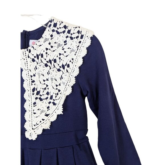 Happy Rose Girls size 10 Navy Cotton Knit Dress Crouched Lace Collar Stunning - Picture 5 of 14